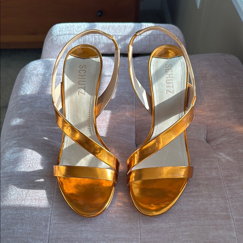 SCHUTZ Gold and Orange Sandals with Strappy Design